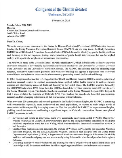 Rep. Pettersen's Letter to the CDC